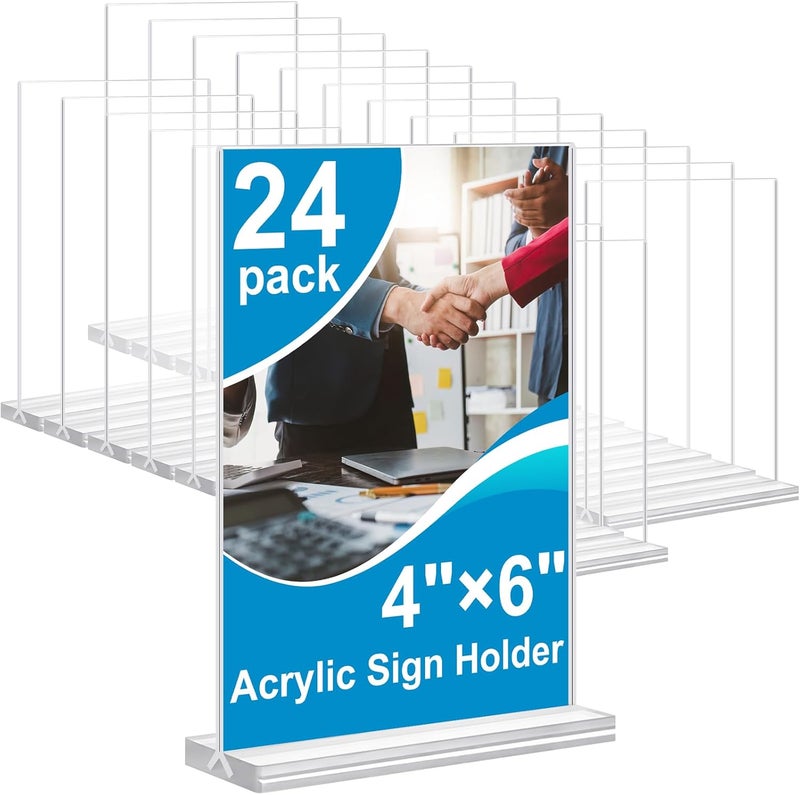 dulvus Acrylic Sign Holder 4x6 Inches 24 Pack, Double Sided Clear Display Stand Table Top Sign Paper Holder, Vertical Menu Flyer Holder, Plastic Sign Frame for Stores, Restaurants, Hotels, Office - Image 1
